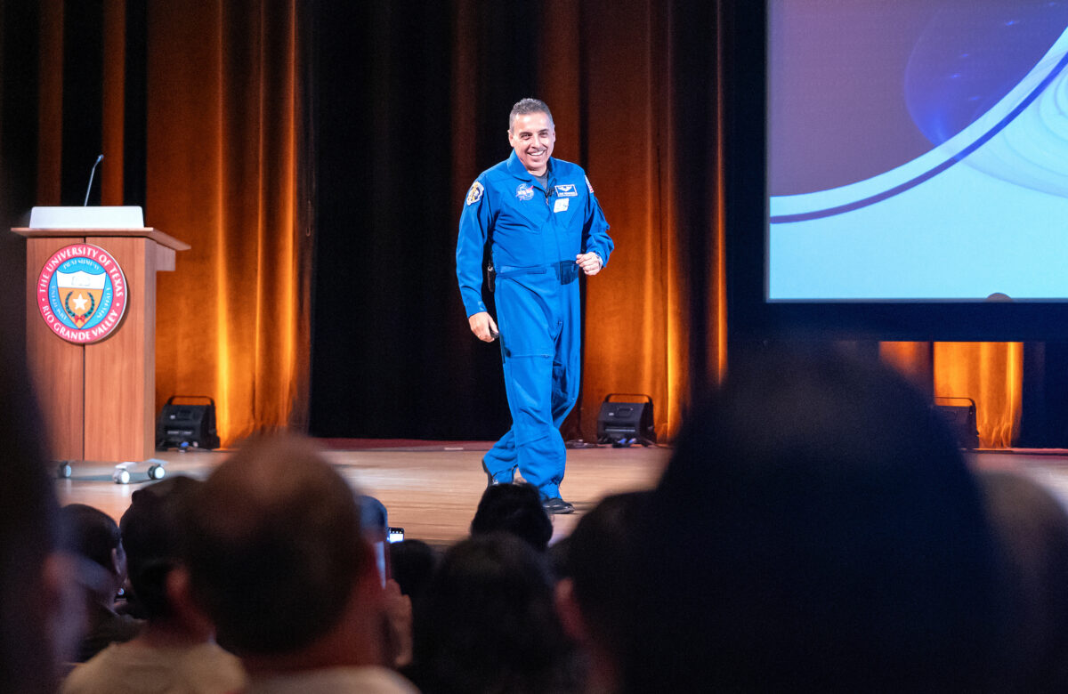 Jose Hernandez, astronaut and book author, presents his story as part of the UTRGV Distinguished Speaker Series on Tuesday, April 16, 2024 at the Performing Arts Complex in Edinburg, Texas. UTRGV Photo by Paul Chouy