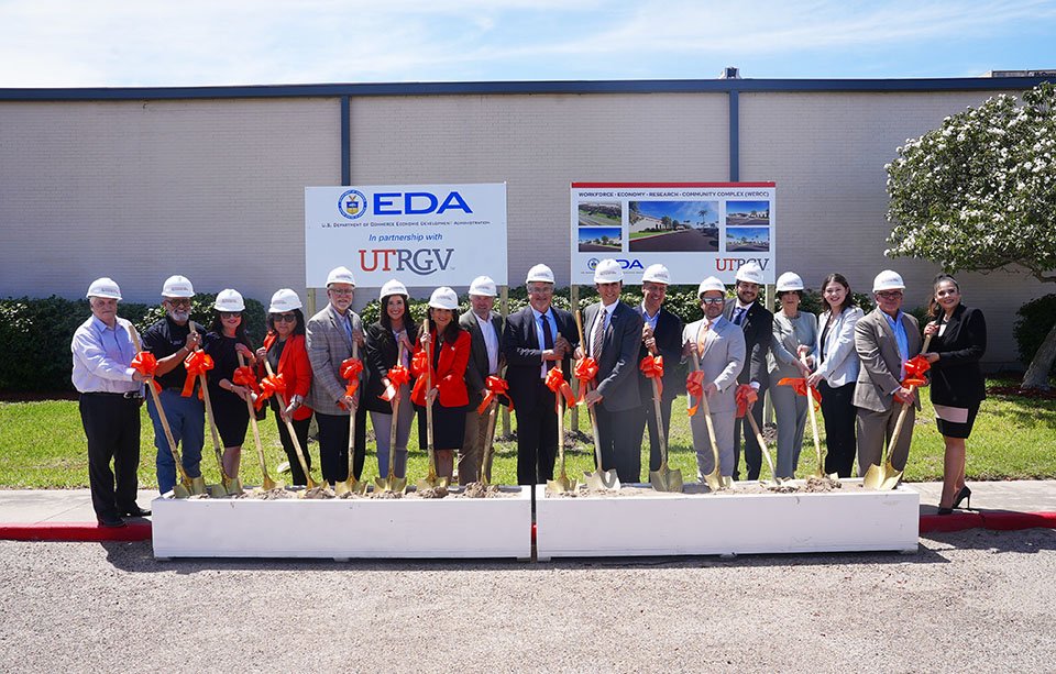 UTRGV leaders, congressional representatives, EDA Regional Director Jorge Ayala, and elected officials take part in the groundbreaking ceremony for WERC Complex in Edinburg on Thursday, April 11. (UTRGV Photo by Jesús Alférez)