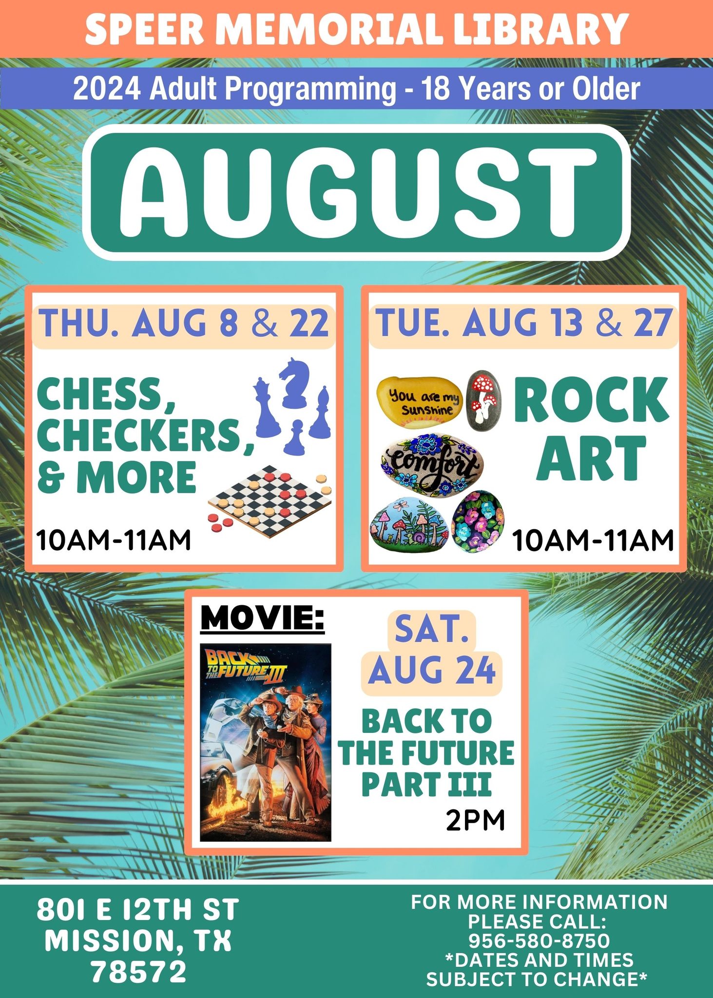 Events for Adults this August at Speer Memorial Library