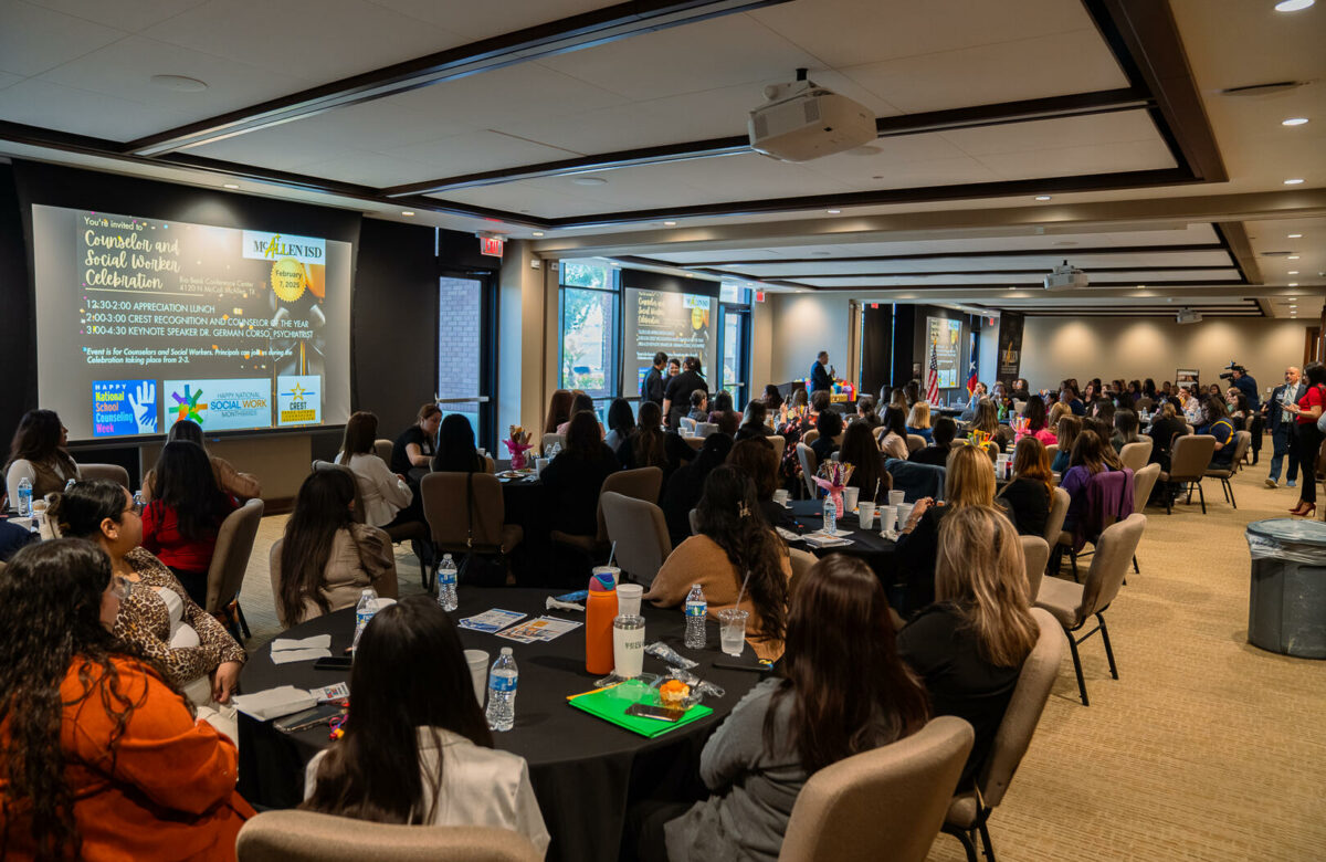 McAllen ISD counselors, school and district officials gather February 7 in McAllen to celebrate 27 schools earning a state CREST award. CREST stands for Counselors Reinforcing Excellence for Students in Texas. McAllen ISD schools won the most CREST awards in the Rio Grande Valley this year.