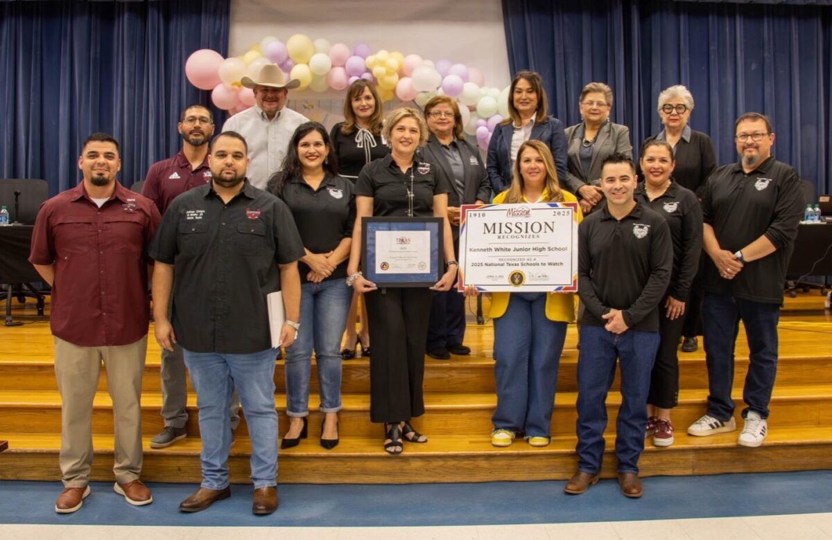Mission CISD Board of Trustees and superintendent, Dr. Cris Valdez, stand with Kenenth White Junior High Principal, Brenda Betancourt and staff in recognition of their recent designation as one of the Texas Schools to Watch.