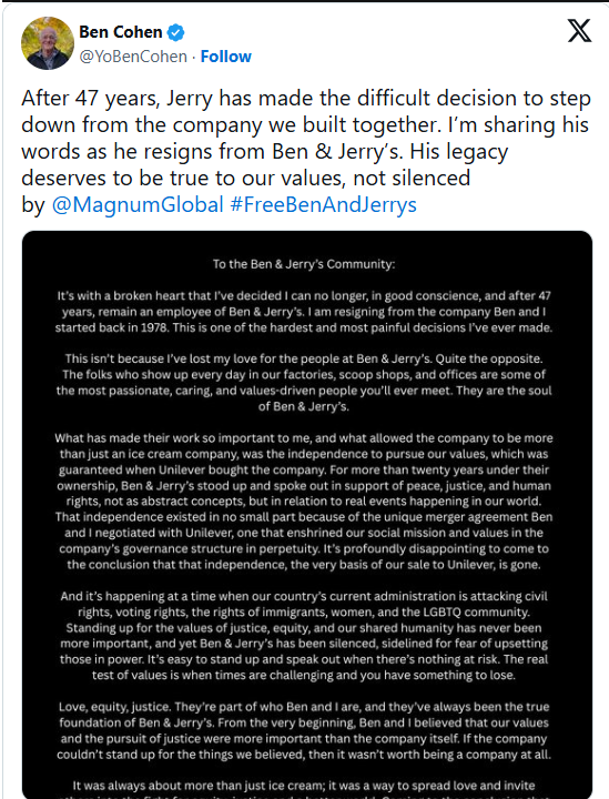 Jerry Greenfield Resigns from Ben & Jerry’s, Accusing Unilever of Silencing the Brand’s Social Voice