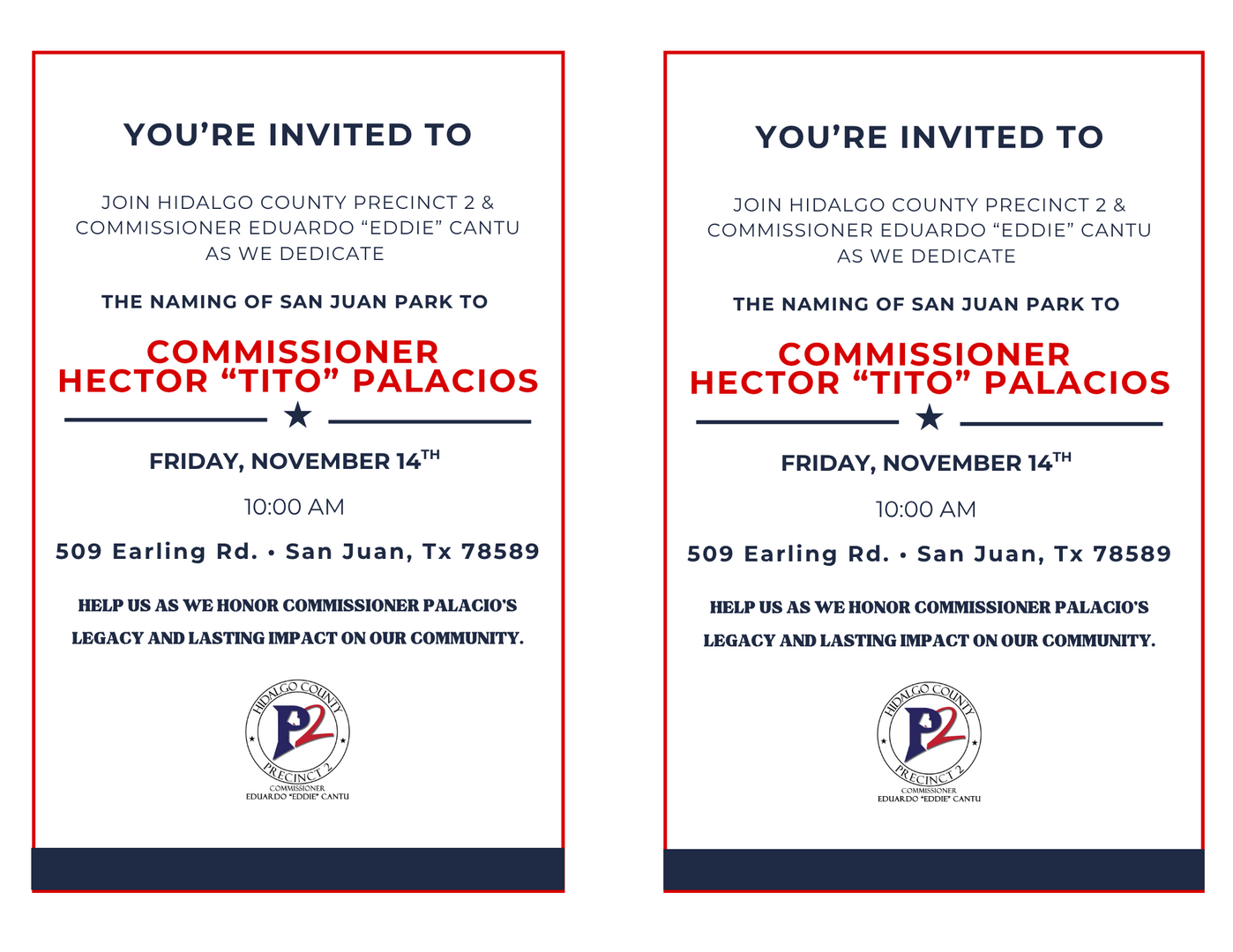 Hidalgo County Precinct 2 to Dedicate San Juan Park in Honor of Commissioner Hector “Tito” Palacios